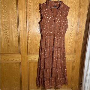 Sleeveless Rust Maxi Dress with Gold Dot Print
